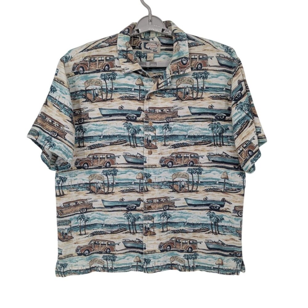 Vtg Bluewater 90s Hawaiian Button Up Shirt Nautical Beach Coastal Surf Size XL